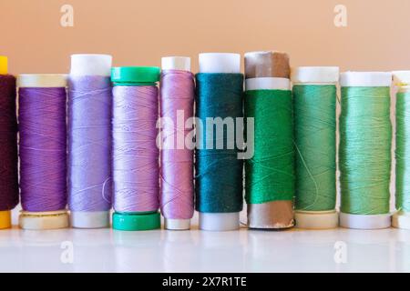 Una fila ordinata di bobine di filetto in varie tonalità di viola e verde si staglia su uno sfondo chiaro, evidenziando l'essenziale da cucire Foto Stock