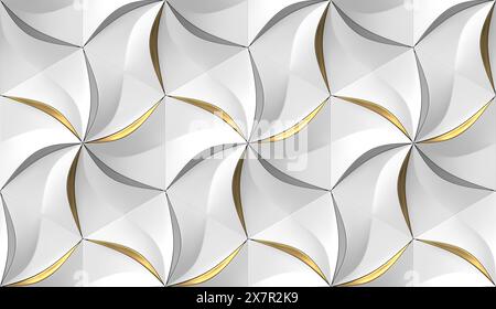 Questa immagine presenta un motivo astratto e decorativo di esagoni grigi stilizzati disposti a formare moduli convessi simili a fiori, con accenti dorati Foto Stock