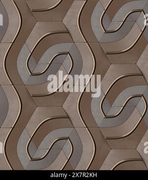 Questa illustrazione 3D mostra un motivo geometrico senza cuciture con una miscela armoniosa di curve in toni terrosi, adatto a vari progetti di design. Foto Stock