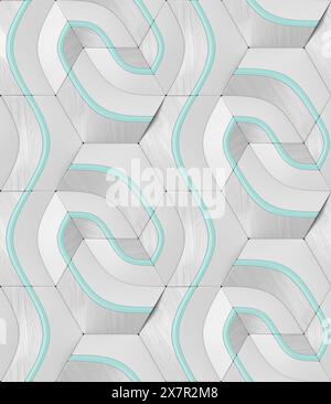 Questa immagine presenta un pattern geometrico 3D senza cuciture, rappresentato come illustrazione 3D, con curve eleganti e dettagli di texture del legno. Foto Stock