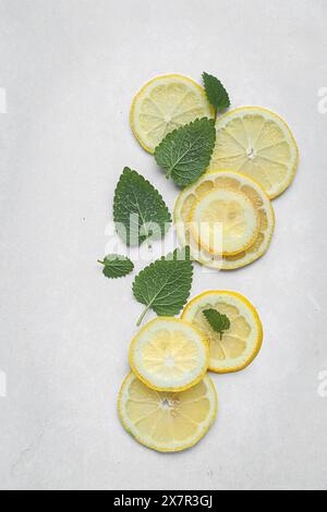 Vista dall'alto di fette di limoni gialli luminosi disposte con foglie di balsamo verde al limone su una superficie grigia testurizzata, ideale per temi culinari e naturali. Foto Stock