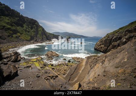 Una splendida vista dell'aspra costa della Cantabria con onde blu che si infrangono contro rocce frastagliate e scogliere verdi sotto un cielo azzurro Foto Stock