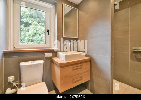 Bagno dal design elegante con grande finestra con un tranquillo sfondo boschivo, servizi moderni e luce naturale, situato a Schapenburgpad in Foto Stock