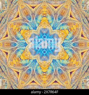 Un complesso e colorato motivo caleidoscopio caratterizzato da un design simmetrico a forma di stella con un mix affascinante di sfumature blu e gialle. Foto Stock