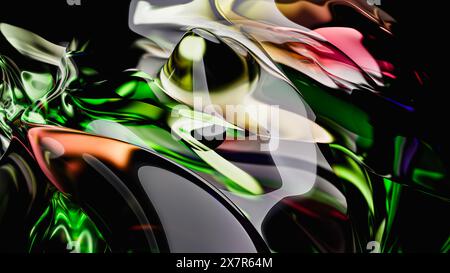 Arte in vetro 3D astratto con riflessi vivaci su sfondo nero, che mostra un'ampia gamma di colori e forme fluide Foto Stock