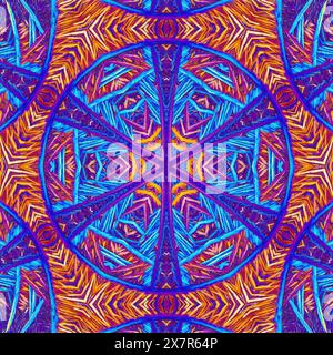 Un colorato e intricato motivo caleidoscopio con simmetria dettagliata e tonalità vibranti, adatto per sfondi e arte astratta. Foto Stock