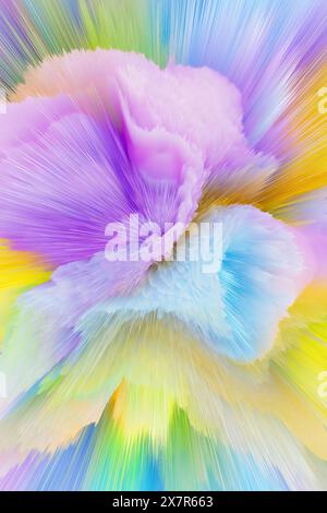 Immagine astratta dinamica che mostra una vibrante esplosione di colori con un effetto burst radiale, creando una texture fluida ed energica che è visivamente cap Foto Stock