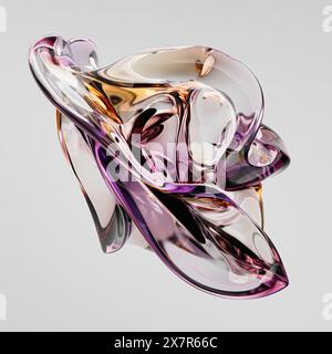 Un'elegante scultura in vetro 3D ritorto con dettagli viola e riflessi morbidi su sfondo bianco, che mostra complessi motivi di luce Foto Stock