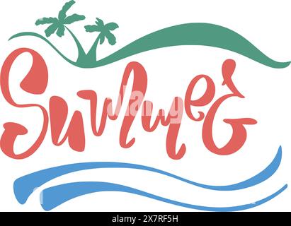 Scritta estiva con onde e palme Illustrazione Vettoriale