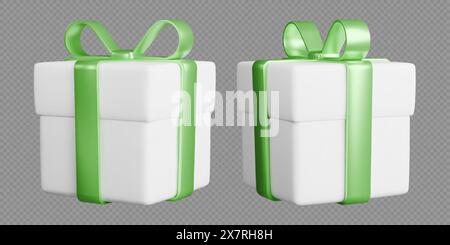 Scatole regalo con nastri, realistiche scatole bianche 3d con archi verdi. Regalo a sorpresa isolato su sfondo grigio. Illustrazione Vettoriale