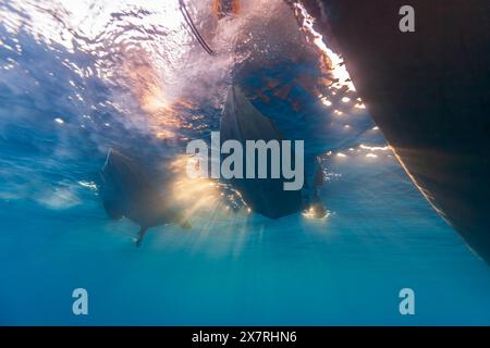 Una vista pittoresca da sott'acqua sul fondo delle navi in controluce. Foto Stock