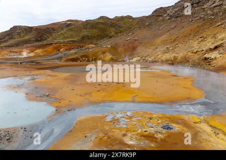 Paesaggio dell'area geotermica di Seltun a Krysuvik con sorgenti termali bollenti, colori gialli e arancioni delle colline sulfuree e sentiero turistico, Islanda. Foto Stock