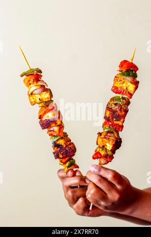 Focalizzazione selettiva del famoso piatto indiano Paneer Tikka Masala Tandoor o Paneer Kebab con sfondo scuro. Foto Stock