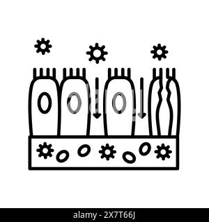 Icona nera della linea intestinale che perde. Malattie del tratto gastrointestinale. Firma per pagina Web, app mobile, pulsante, logo. Pulsante isolato vettore. Traccia modificabile. Illustrazione Vettoriale