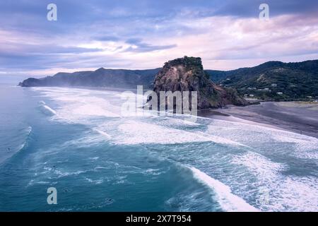 Vista aerea della splendida e iconica Lion Rock e dell'onda di rottura sulla spiaggia di Piha in serata sulla costa occidentale di Auckland, nuova Zelanda Foto Stock