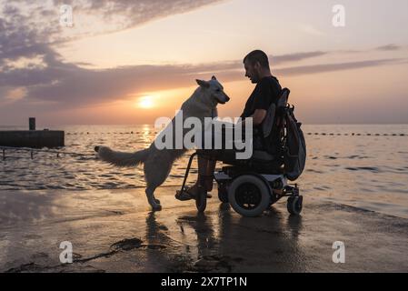 Uomo con disabilità, utente su sedia a rotelle elettrica accarezzare il cane e godersi un tramonto sulla spiaggia. Concetto di amicizia tra persone e animali. Foto Stock