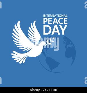 Tessera per il giorno internazionale della pace. Una colomba con un ramoscello d'oliva nel becco sullo sfondo del globo terrestre, illustrazione vettoriale piatta Illustrazione Vettoriale