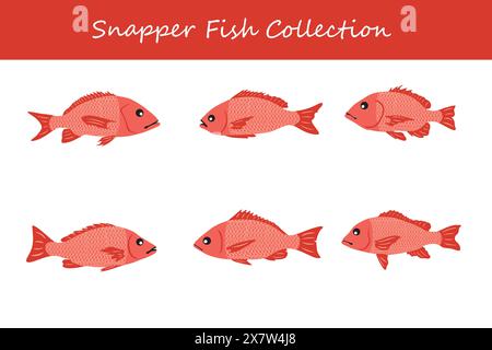 raccolta di pesci di snapper. pesce lutiano in pose diverse. Illustrazione vettoriale. Illustrazione Vettoriale