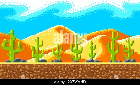 Cactus e montagne nel deserto. Oggetti pixel art a 8 bit. sfondo orizzontale per l'applicazione o un sito web. Risorse di gioco retrò. Computer d'epoca Illustrazione Vettoriale