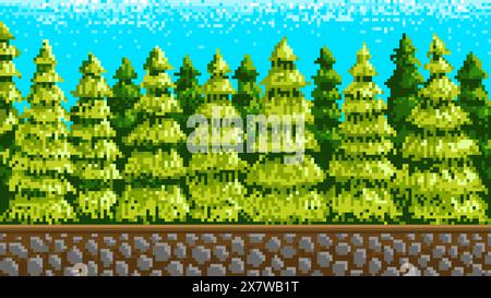 Alberi di Natale, foresta innevata. Oggetti pixel art a 8 bit. sfondo orizzontale per l'applicazione o un sito web. Risorse di gioco retrò. Computer d'epoca Illustrazione Vettoriale