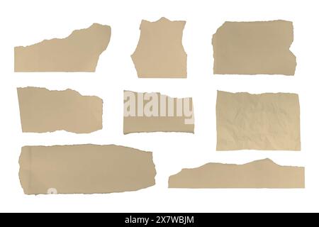 Set di fogli di carta strappati kraft. Pezzi di carta note disegno pergamena. Vecchio modello di carta vettoriale Illustrazione Vettoriale