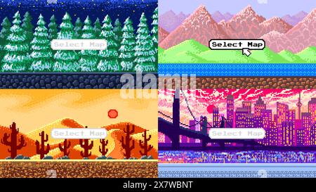 Città moderna. Montagne. Cactus nel deserto. Alberi di Natale. Oggetti pixel art a 8 bit. sfondo orizzontale per l'applicazione o un sito web. Retro Illustrazione Vettoriale