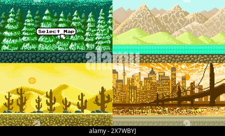 Città moderna. Montagne. Cactus nel deserto. Alberi di Natale. Oggetti pixel art a 8 bit. sfondo orizzontale per l'applicazione o un sito web. Retro Illustrazione Vettoriale