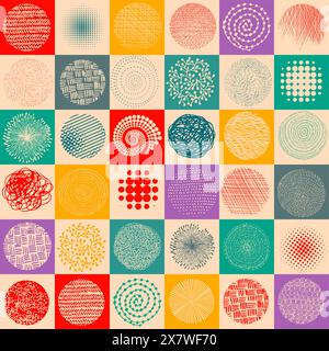 Sfondo colorato senza cuciture con diversi elementi grafici. disegno a mano. Non ai, illustrazione vettoriale Illustrazione Vettoriale