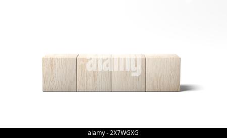 Quattro blocchi di legno isolati su sfondo bianco. illustrazione 3d. Foto Stock