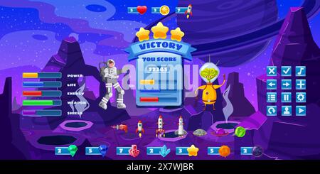 Kit di gioco spaziale, impostare i pulsanti per giochi e app, UI. Costruttore di kit Spaceman in stile cartoni animati Illustrazione Vettoriale