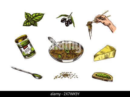 Set di salsa al pesto. Foglie di basilico, aglio, pinoli, parmigiano, olio d'oliva, pesto alla genovese. Condimento piccante, bottiglia di vetro, cucchiaio di legno o. Illustrazione Vettoriale