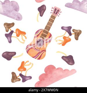 Motivo senza cuciture con chitarra retrò, nastro, nuvole e funghi in acquerello. Clipart vintage in tessuto musicale hippie. Stampa nostalgica disegnata a mano per abbigliamento, carta da parati, confezionamento e rottamazione Foto Stock