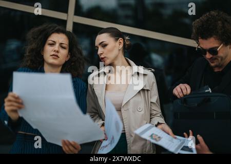 Tre professionisti che esaminano documenti e discutono fuori dall'ufficio Foto Stock