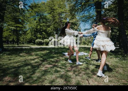 Sorelle gioiose che ballano in cerchio in un parco soleggiato, esprimendo felicità e sorellanza Foto Stock