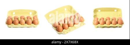 Uova di pollo marroni in scatola d'uovo isolata su bianco, set Foto Stock