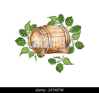 Botte di legno con foglie verdi di luppolo per birra e altre bevande alcoliche illustrazione acquerello. Isolato dallo sfondo. Adatto per interni d Foto Stock