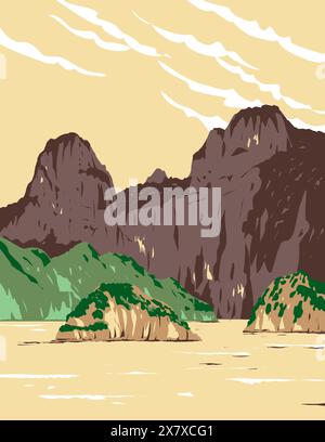 Poster art WPA del parco nazionale di Bai tu Long Bay situato a Quang Ninh o nella provincia di Quangninh lungo la costa nord-orientale del Vietnam realizzato in opere proj Illustrazione Vettoriale