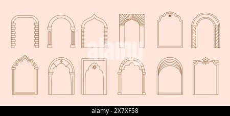 Set vettoriale intelaiatura ad arco boho. Arcate e porte ornate ispirate agli stili architettonici islamici, ingressi ad arco con colonne, motivi decorativi in mattoni, moschee arabe motivi tradizionali Illustrazione Vettoriale