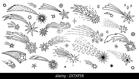 Doodle che sparano stelle, comete spaziali e meteore con percorsi, icone vettoriali dei cartoni animati. Stelle che sparano o fuochi d'artificio spara scintille in linea di doodle, meteoriti galassici o asteroidi cadenti con code per il design dei bambini Illustrazione Vettoriale