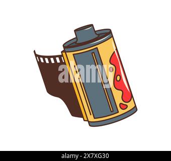 Bobina di pellicola retrò scanalata della fotocamera per il simbolo hippie degli anni '70, vettore dei cartoni animati. Striscia di pellicola fotografica in bobina, elemento artistico comico a colori retrò per una stampa a T-shirt hippie o hipster Illustrazione Vettoriale