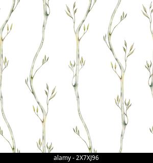 Pattern senza cuciture con rami ad albero astratti. Eleganti foglie di verde chiaro. Illustrazione acquerello isolata su sfondo bianco. Botanico disegnato a mano Foto Stock