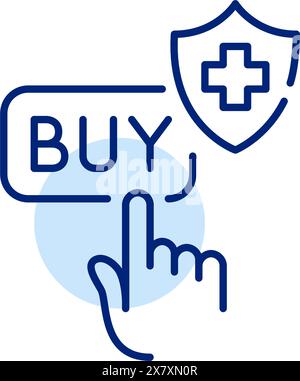 Dito che fa clic sul pulsante Acquista. Shopping per l'assicurazione medica. Pixel Perfect, icona traccia modificabile Illustrazione Vettoriale