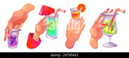 Mani con bicchieri da cocktail isolati su sfondo bianco. Illustrazione vettoriale di dita maschili e femminili che tengono tazze di vetro con bevande alcoliche, succo di frutta, bevande alla menta fredda, ospiti della festa Illustrazione Vettoriale