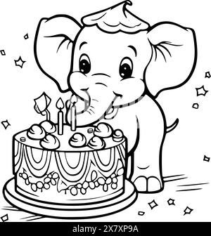 Pagina da colorare Elephant with Cake of Birthday per bambini Illustrazione Vettoriale