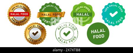 timbro circolare e logo sigillo insegna alimento halal per prodotti di qualità certificati islamici Illustrazione Vettoriale