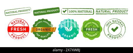 cerchio e rettangolo timbro etichetta prodotto naturale adesivo segno per certificato sano fresco biologico Illustrazione Vettoriale