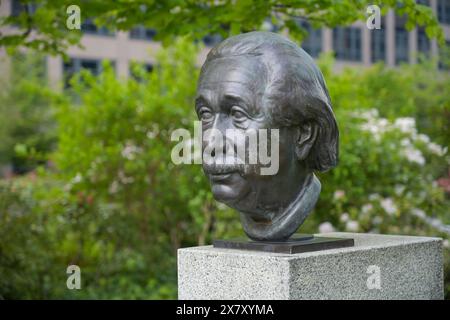 Büste Albert Einstein, Straße der Erinnerung, Spreebogen, Moabit, Mitte, Berlin, Deutschland *** Busto di Albert Einstein, Street of Remembrance, Spreebogen, Moabit, Mitte, Berlino, Germania Foto Stock