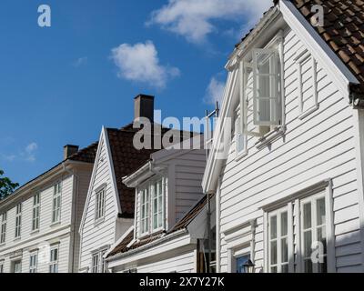 Diverse case di legno bianche con tetti di tegole rosse e finestre aperte sotto un cielo soleggiato, case di legno bianche con alberi verdi e fiori contro una S blu Foto Stock