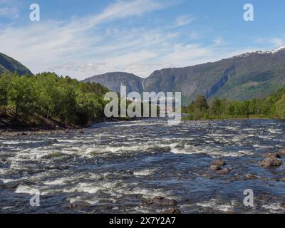 Un fiume in una valle, circondato da verdi foreste e montagne, sullo sfondo una grande nave, un fiume selvaggio in un fiordo con montagne innevate e g Foto Stock