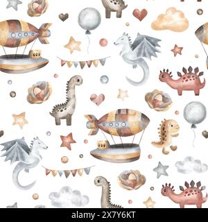 I dinosauri dei cartoni animati sono dotati di dirigibili, stelle, nuvole, palloncini. Fantasia perfetta per i bambini con un adorabile dinosauro. Sfondo disegnato a mano con acquerello per bambini Foto Stock